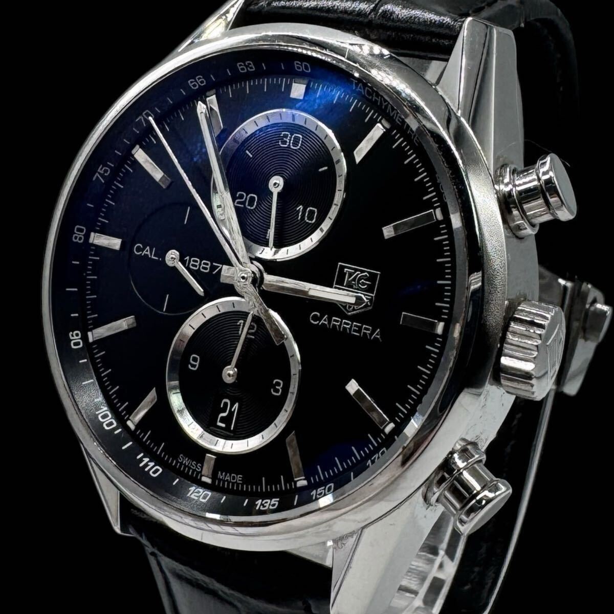 稼働 美品 TAG HEUER タグホイヤー CAR2110-1 カレラ キャリバー AT 自動巻き クロノ メンズ腕時計 ブラック文字盤 純正ベルト【c2956】_画像1