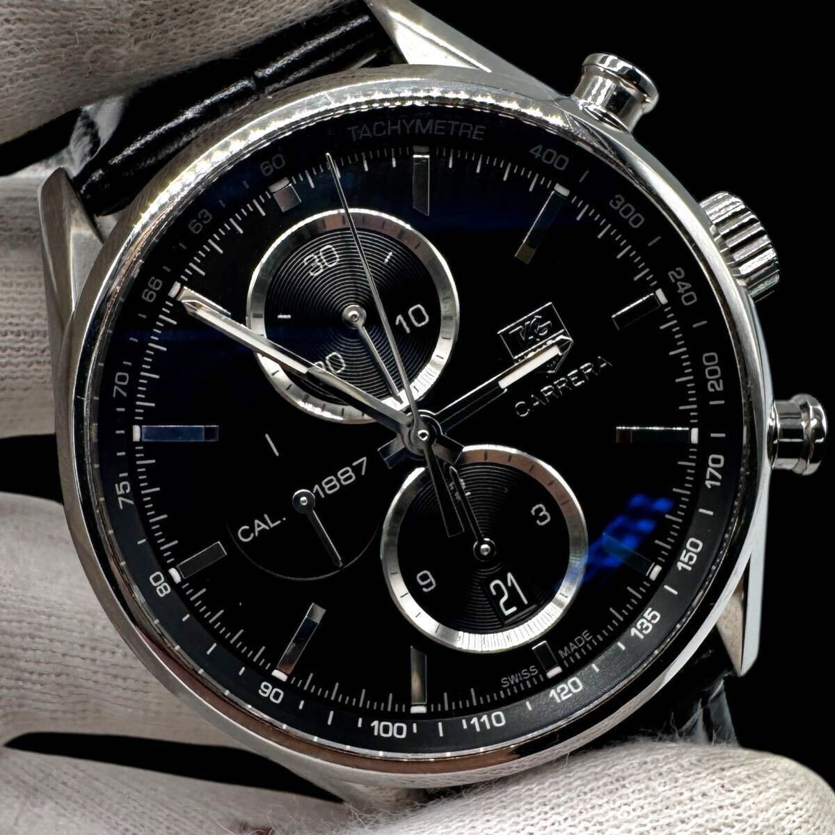 稼働 美品 TAG HEUER タグホイヤー CAR2110-1 カレラ キャリバー AT 自動巻き クロノ メンズ腕時計 ブラック文字盤 純正ベルト【c2956】_画像2