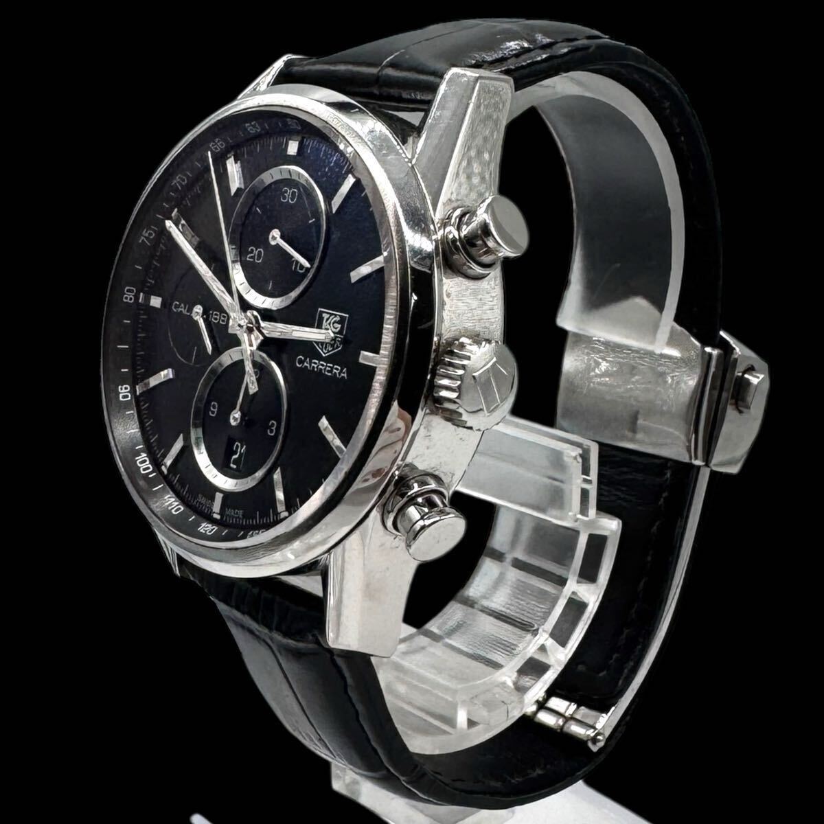 稼働 美品 TAG HEUER タグホイヤー CAR2110-1 カレラ キャリバー AT 自動巻き クロノ メンズ腕時計 ブラック文字盤 純正ベルト【c2956】_画像3