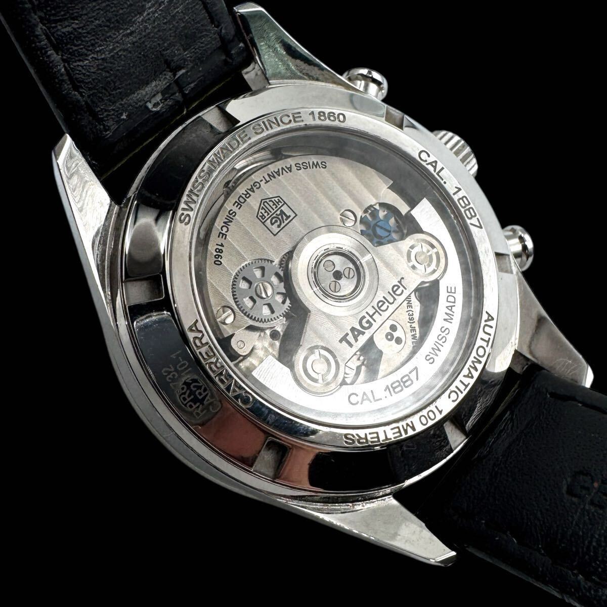 稼働 美品 TAG HEUER タグホイヤー CAR2110-1 カレラ キャリバー AT 自動巻き クロノ メンズ腕時計 ブラック文字盤 純正ベルト【c2956】_画像9