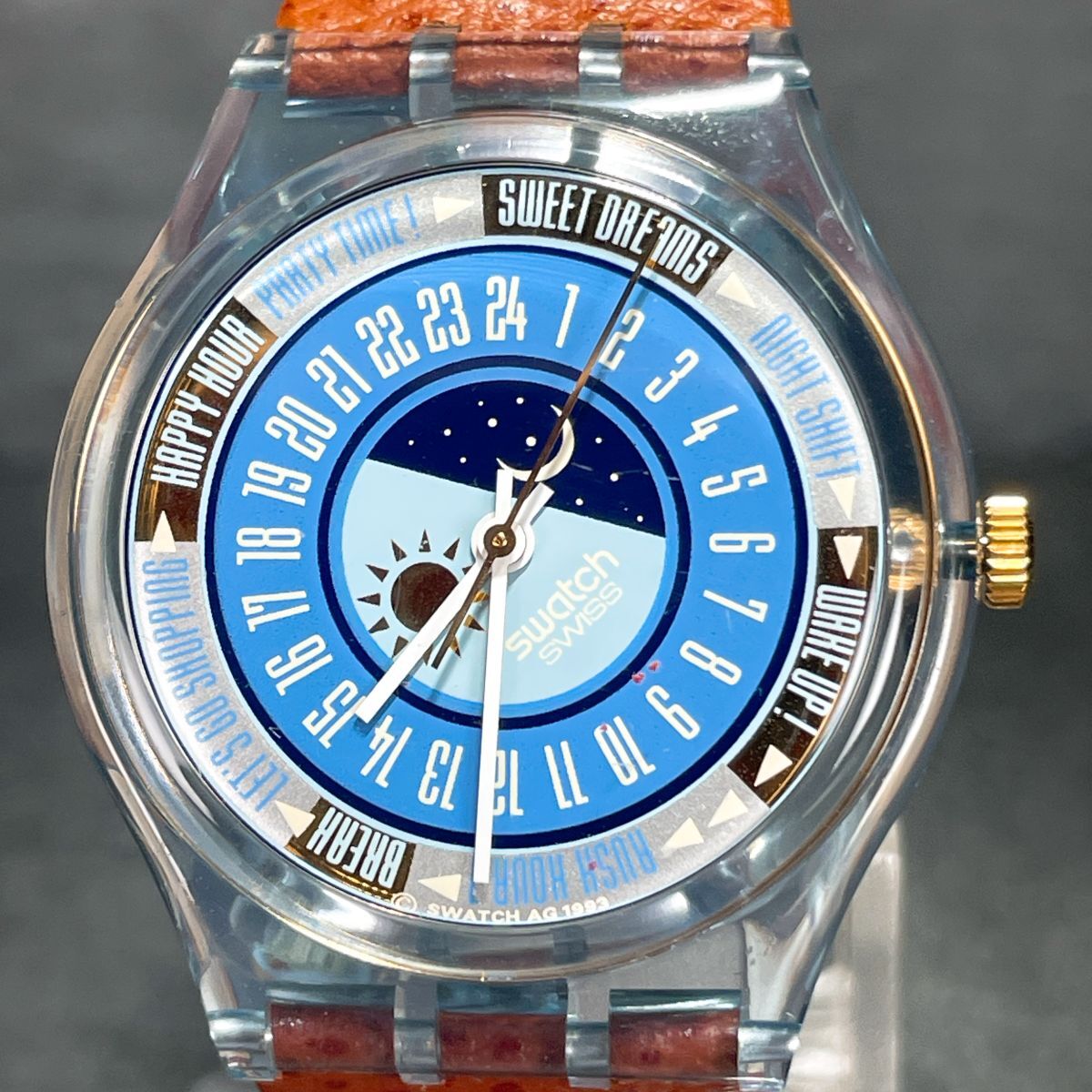 Swatch スウォッチ TONITE GN145 腕時計 アナログ クオーツ 3針 ブルー文字盤 スケルトン レザーバンド 新品電池交換済み 動作確認済み_画像1