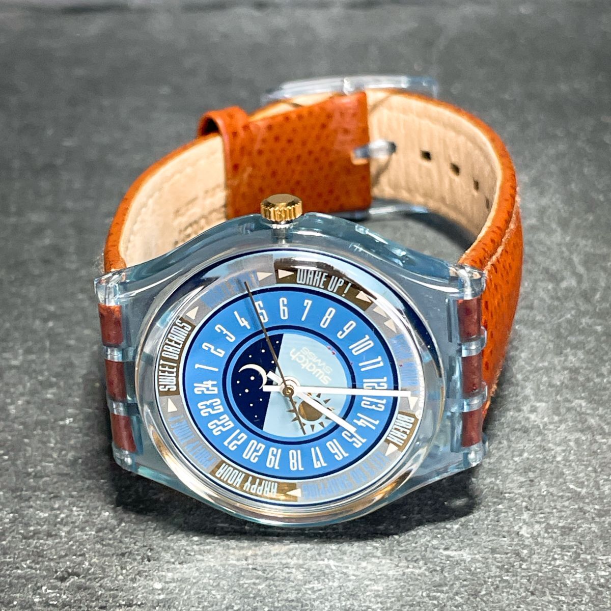 Swatch スウォッチ TONITE GN145 腕時計 アナログ クオーツ 3針 ブルー文字盤 スケルトン レザーバンド 新品電池交換済み 動作確認済み_画像4