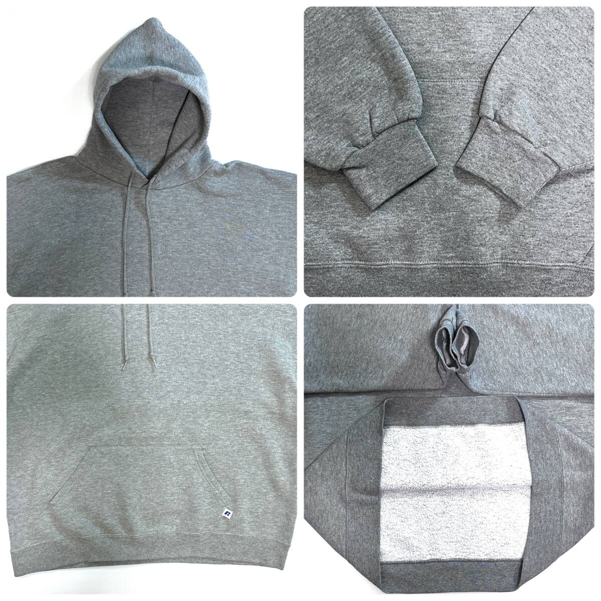 00s RUSSELL ATHLETIC ラッセル アスレチック 完全無地 スウェットパーカー XL ヘザーグレー 霜降りグレー 刺繍ロゴ フード 短丈 p25103371_画像7