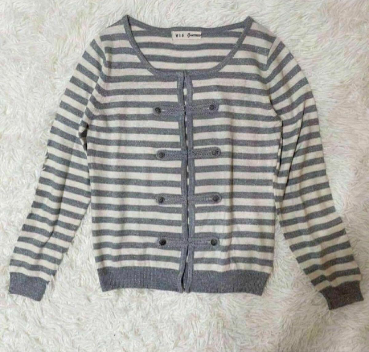 VIS ビス【M】レディース トップス ニットカーディガン ボーダー グレー×白 ウール混 ナイロン 秋冬 送料無料 匿名配送_画像3