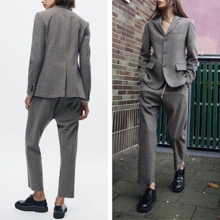 ZARA ザラ ZW COLLECTION ピンストライプ スーツ ブレザー バギーパンツ セットアップ レディース グレー ウール [完売品]_画像9