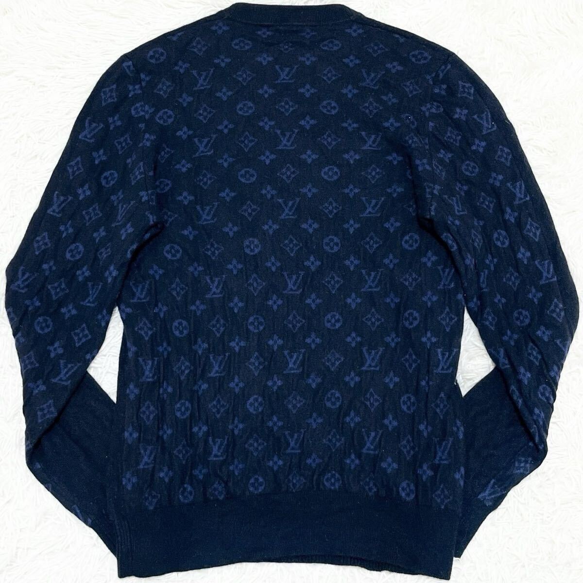 XLサイズ カシミア99％ ルイヴィトン LOUIS VUITTON モノグラム セーター ニット ネイビー 紺 メンズ ウール 総柄 トップス 長袖 _画像1