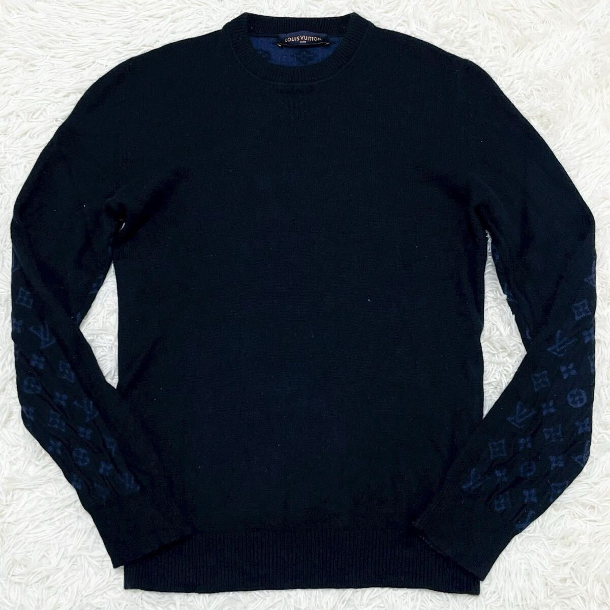 XLサイズ カシミア99％ ルイヴィトン LOUIS VUITTON モノグラム セーター ニット ネイビー 紺 メンズ ウール 総柄 トップス 長袖 _画像4