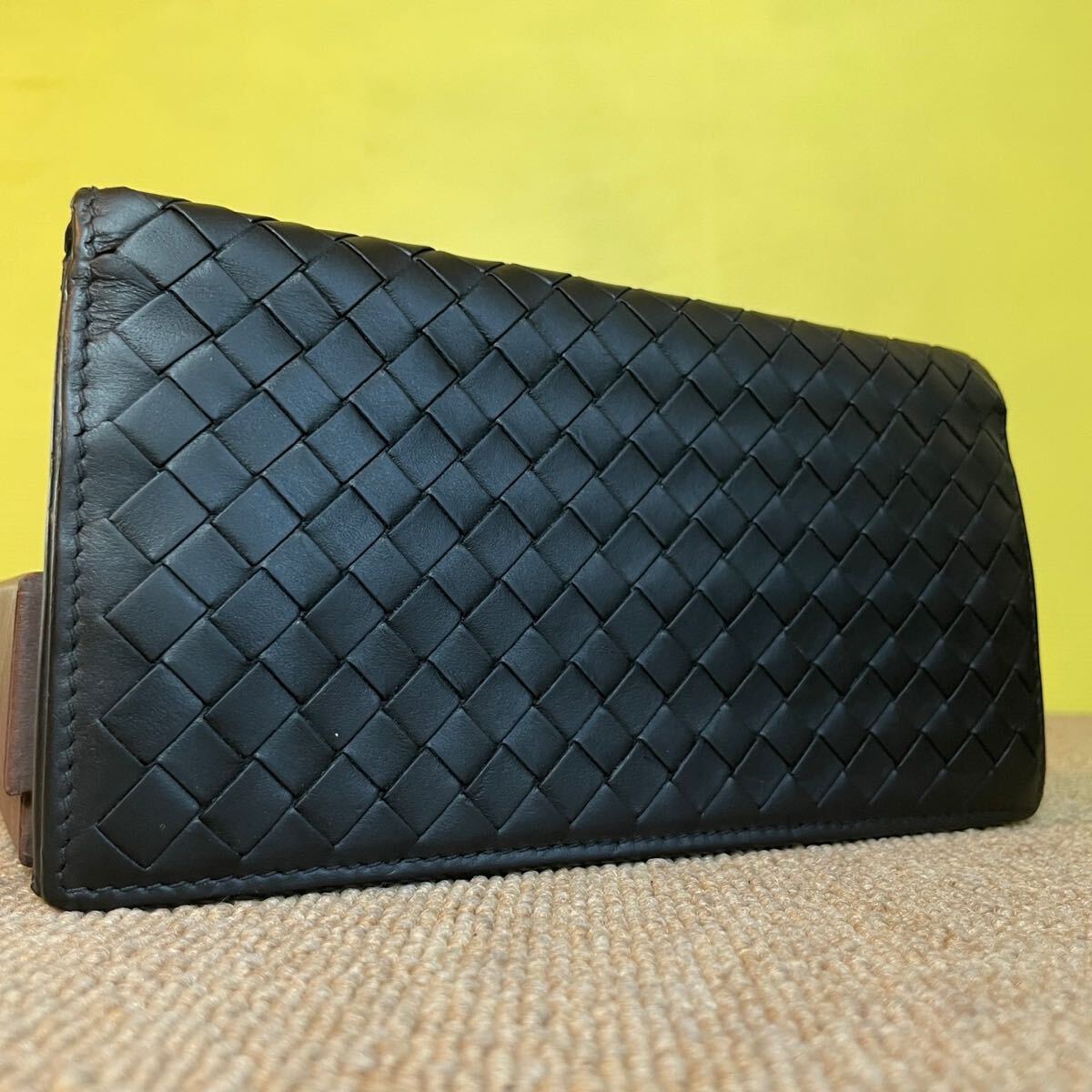  один иен превосходный товар BOTTEGA VENETA Bottega Veneta сетка длинный кошелек складывающийся пополам длинный бумажник кошелек кожа чёрный 