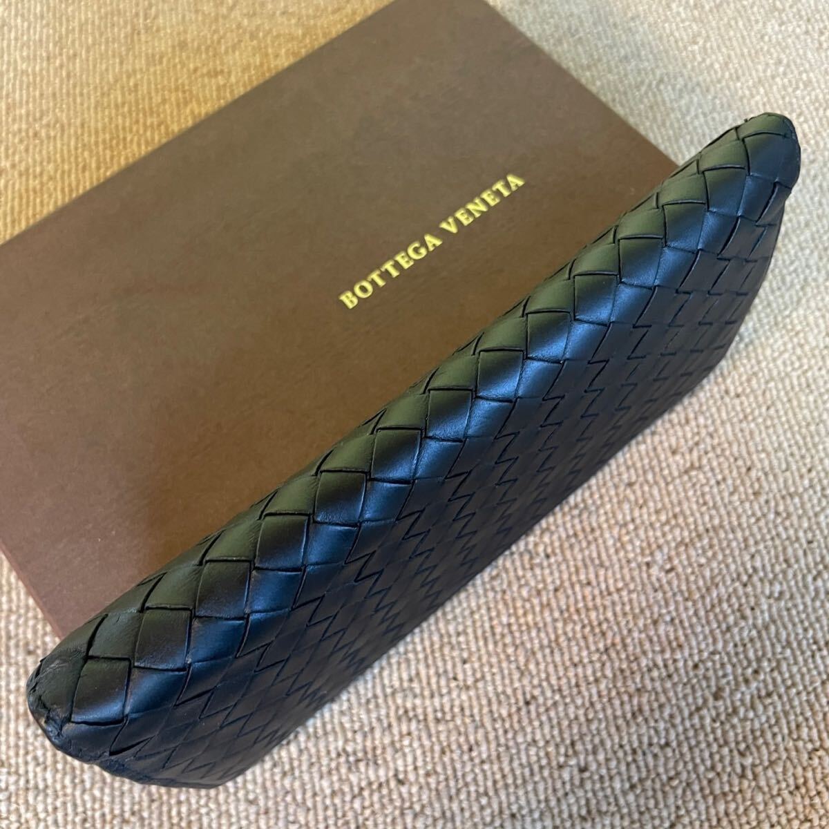  один иен превосходный товар BOTTEGA VENETA Bottega Veneta сетка длинный кошелек складывающийся пополам длинный бумажник кошелек кожа чёрный 