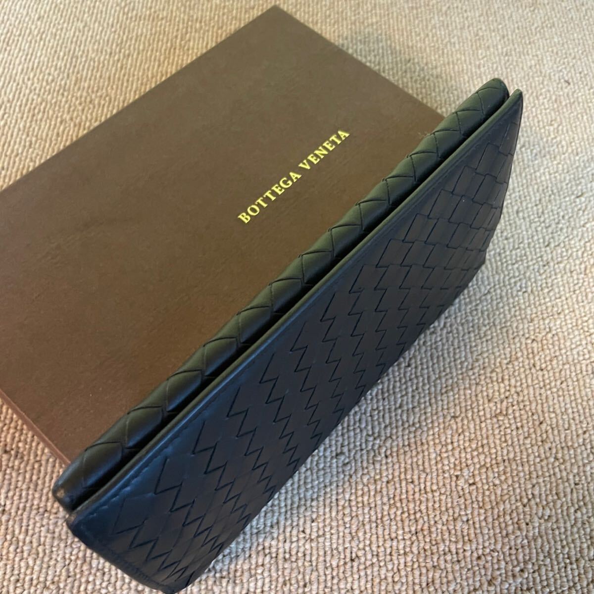  один иен превосходный товар BOTTEGA VENETA Bottega Veneta сетка длинный кошелек складывающийся пополам длинный бумажник кошелек кожа чёрный 