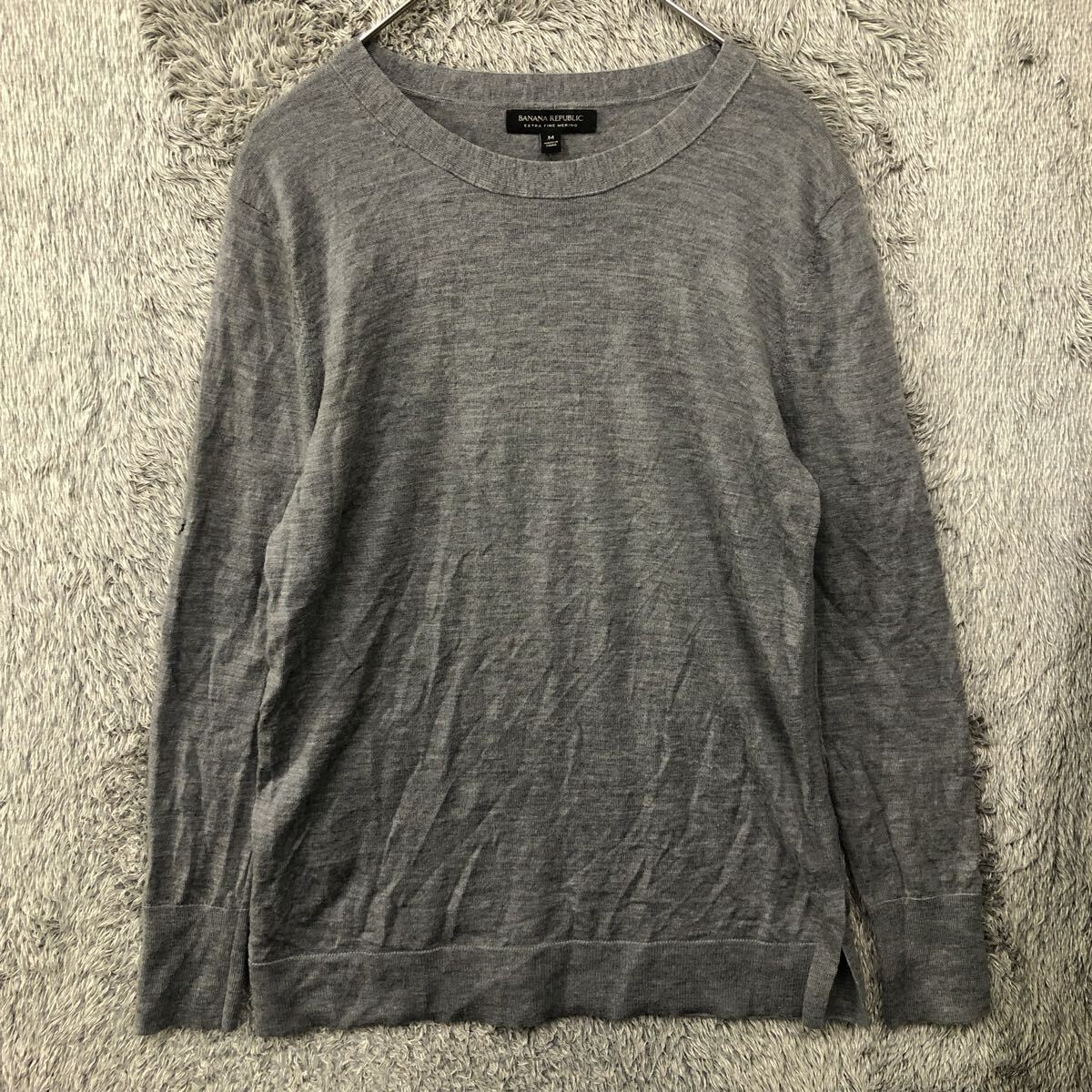BANANA REPUBLIC バナナリパブリック ハイゲージ 長袖セーター サイズM グレー灰色 ウール 無地 メンズ トップス 最落なし(887)_画像1