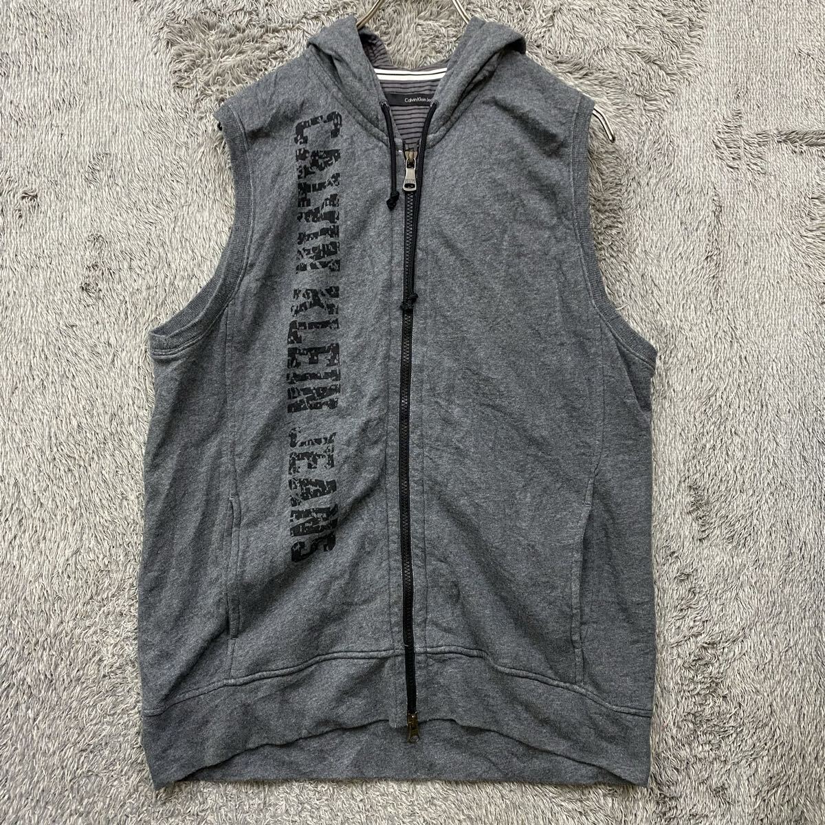 Calvin Klein カルバンクライン ノースリーブジップパーカー ジップアップ フーディー サイズL グレー 灰色 メンズ トップス 最落無(892)_画像1
