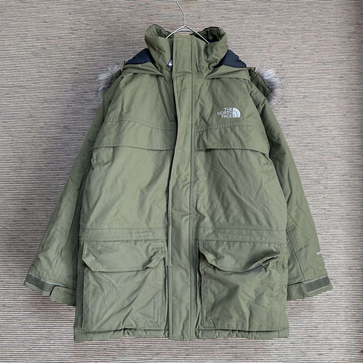 ノースフェイス　ダウンジャケット モッズコート　カーキ子供150　フェイクファーC1 古着　入手困難　激レア　希少 人気　刺繍　キッズ_画像1