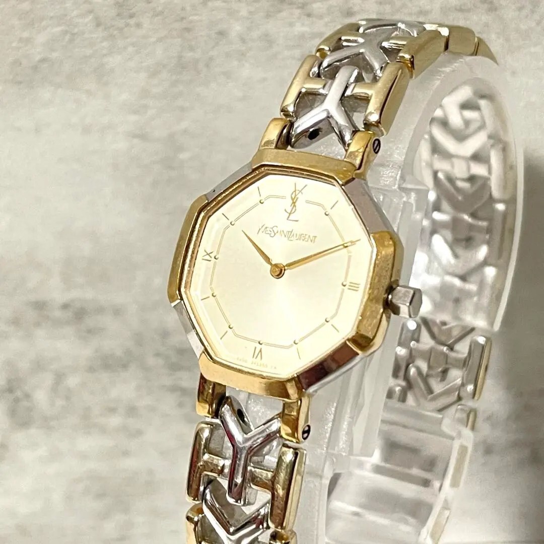 稼動品 YSL イヴサンローラン オクタゴン コンビ Yロゴベルト 腕時計_画像1