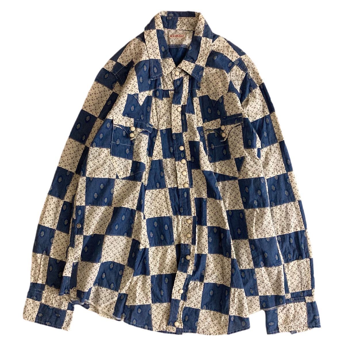 KAPITAL キャピタル 市松 パッチワーク × ドット スキヤキ ウエスタン シャツ_画像2
