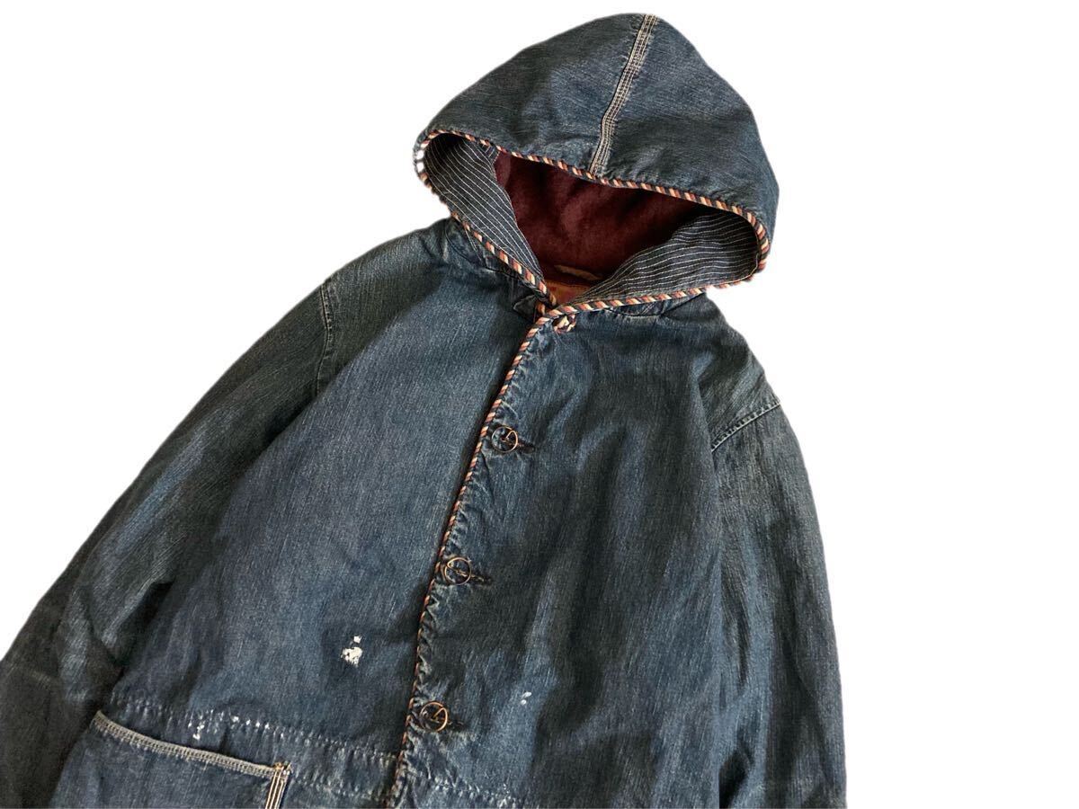 KAPITAL キャピタル ヴィンテージ加工 裏毛 ペンキ パイピング デニム リング コート_画像3
