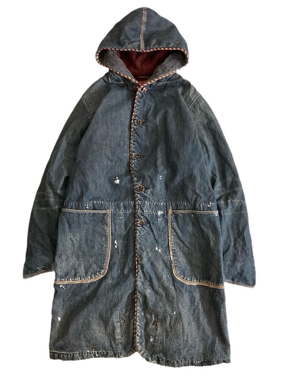 KAPITAL キャピタル ヴィンテージ加工 裏毛 ペンキ パイピング デニム リング コート_画像2