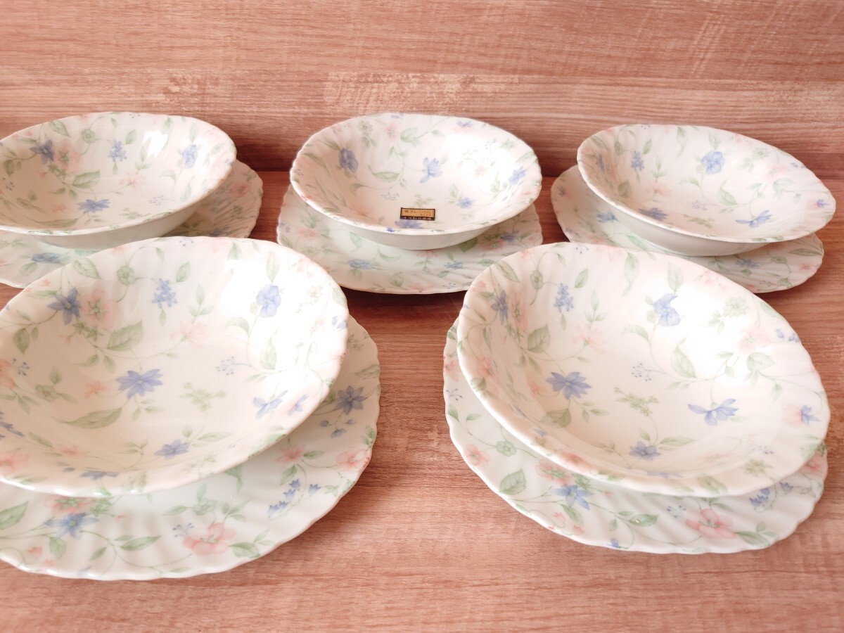 未使用【美濃焼 フラワーガーデン サラダ＆スープ皿 】各5個セット うつわの水峰　MINOYOGYO SEITO　電子レンジ使用可/洋食器/サラダボウル_画像1