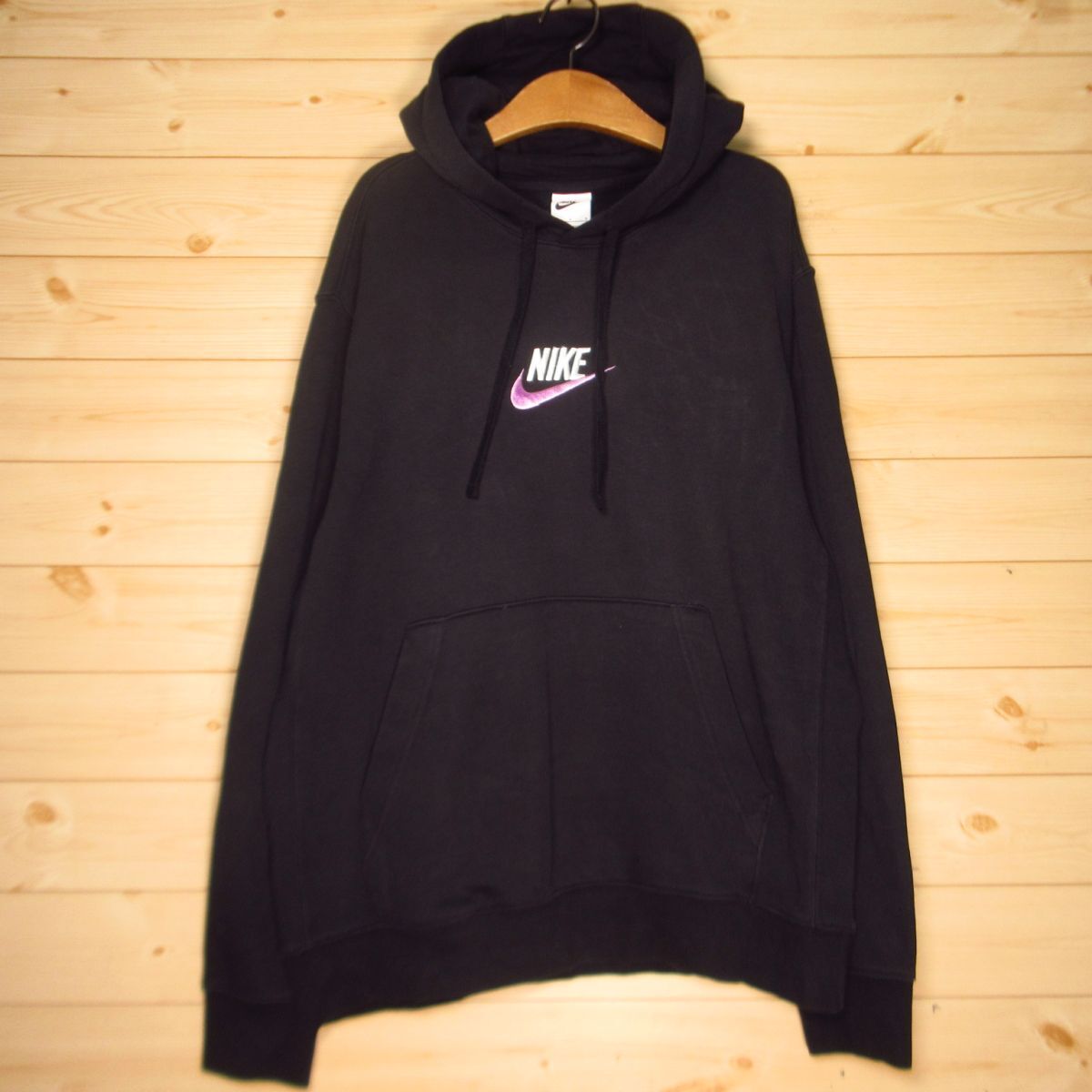 ◎NIKE ナイキ ロゴ刺繍 プルオーバー パーカー スウェット Club+ シンプル スポーツウェア ストリート メンズ 黒 Lサイズ◆AA5216_画像1