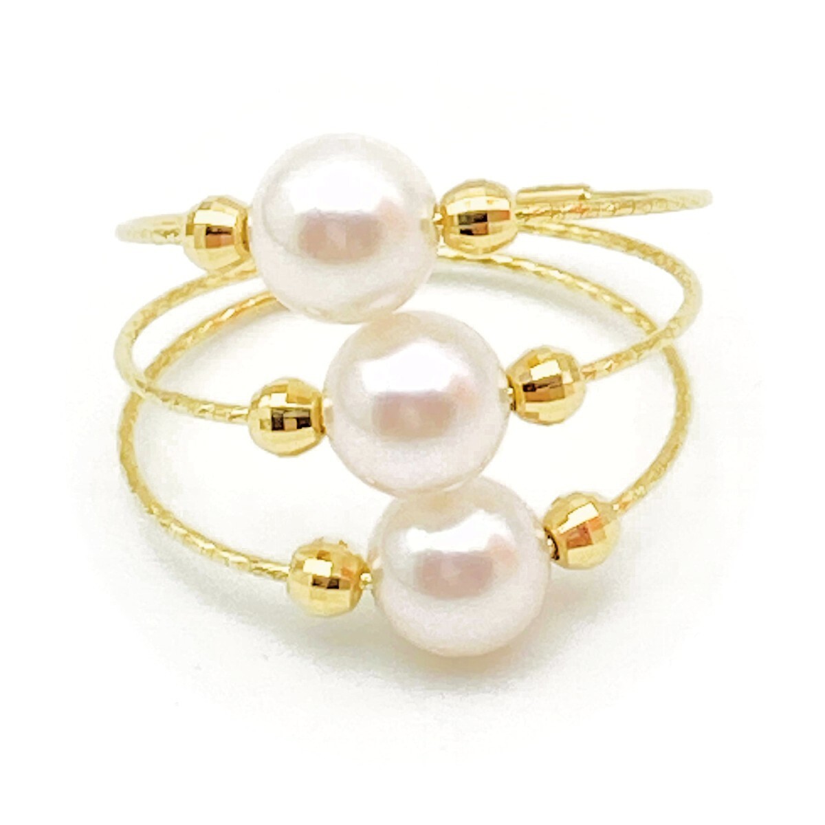 フリーサイズ！ 真珠 K18 アコヤパール リング 5.5-6.0㎜ 3ピース使い 18金 【形状記憶】お洒落 カジュアル_画像1