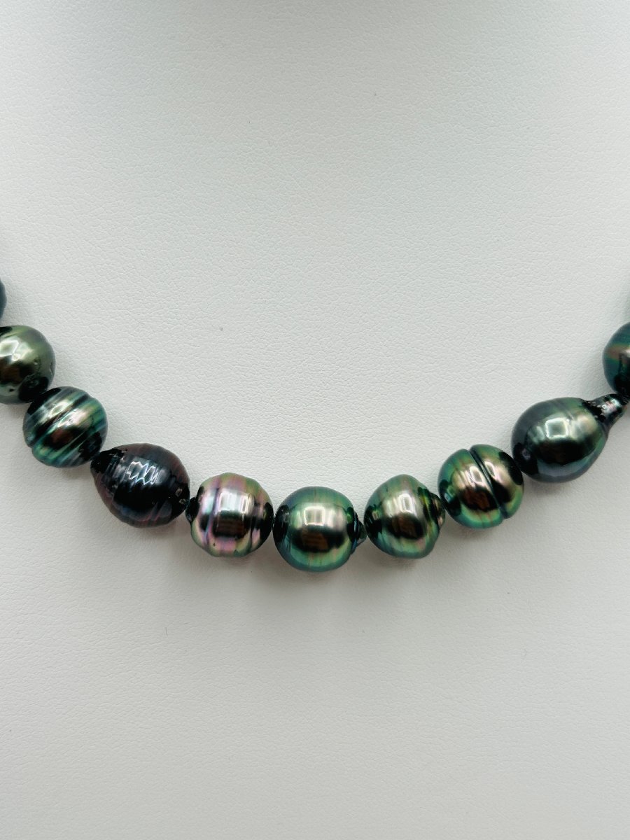 タヒチ 黒蝶 パール オーロラ ピーコック ネックレス 9.3-11.3mm 真珠科学研究所 鑑別書 真珠 孔雀緑 大渓地_画像3