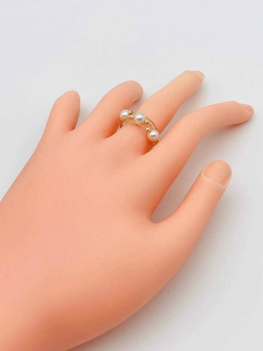 フリーサイズ！ 真珠 K18 アコヤパール リング 5.5-6.0㎜ 3ピース使い 18金 【形状記憶】お洒落 カジュアル_画像10