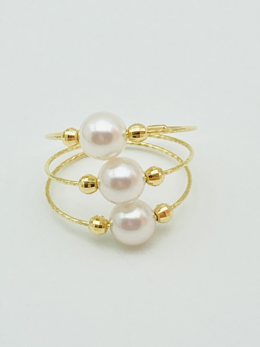 フリーサイズ！ 真珠 K18 アコヤパール リング 5.5-6.0㎜ 3ピース使い 18金 【形状記憶】お洒落 カジュアル_画像2