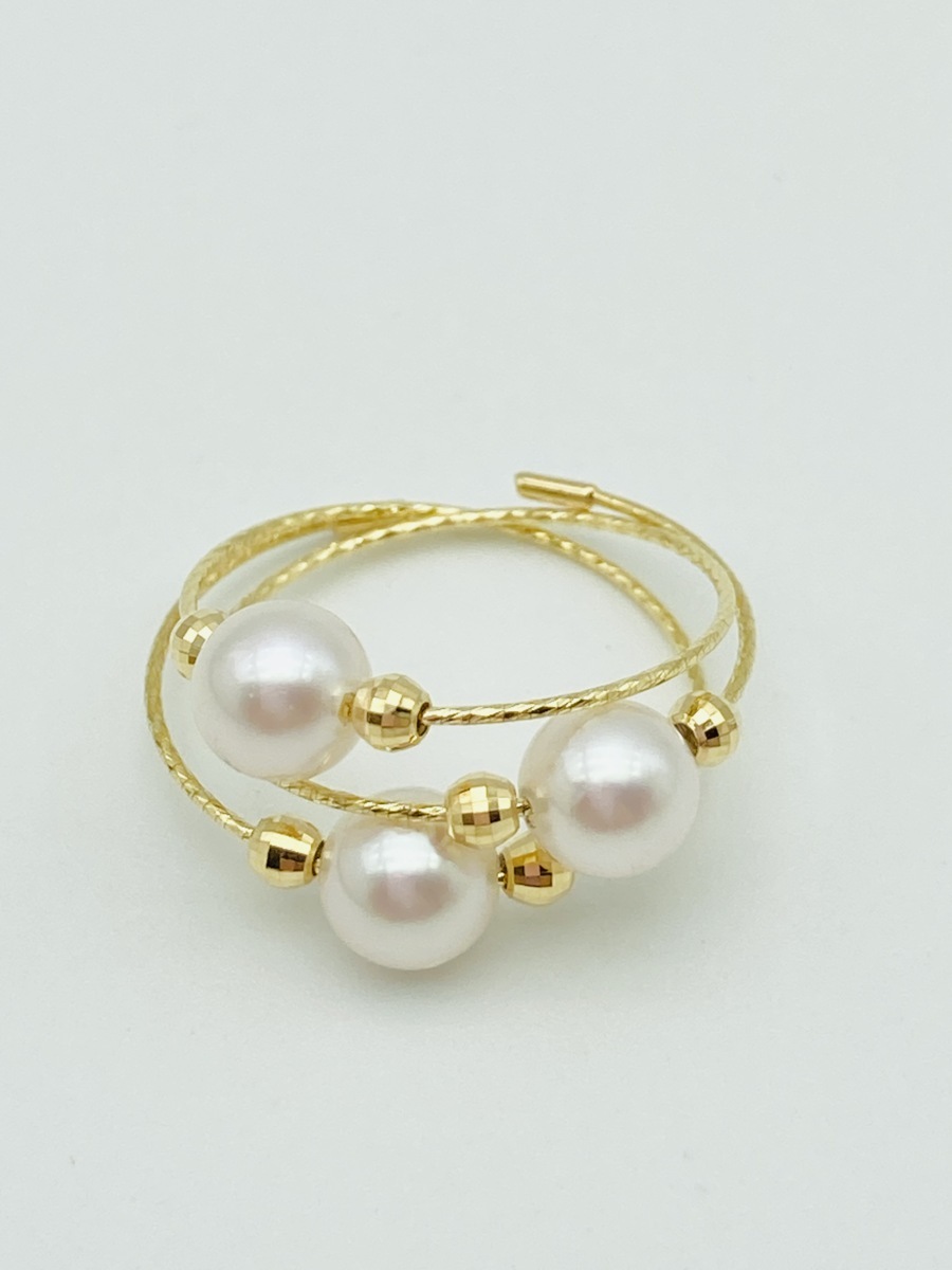 フリーサイズ！ 真珠 K18 アコヤパール リング 5.5-6.0㎜ 3ピース使い 18金 【形状記憶】お洒落 カジュアル_画像3