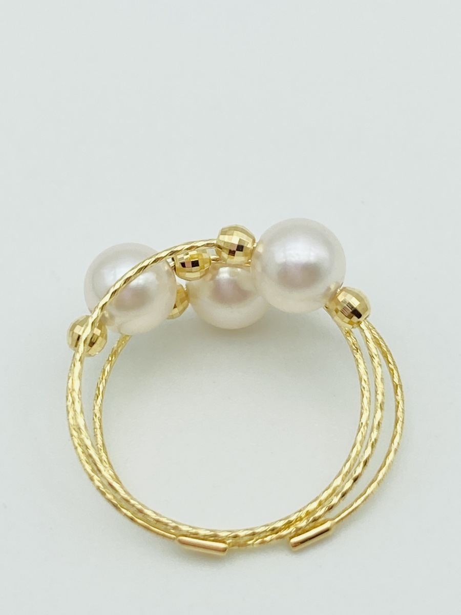 フリーサイズ！ 真珠 K18 アコヤパール リング 5.5-6.0㎜ 3ピース使い 18金 【形状記憶】お洒落 カジュアル_画像5