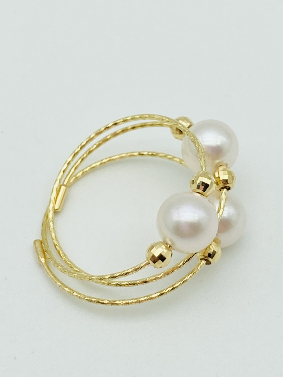 フリーサイズ！ 真珠 K18 アコヤパール リング 5.5-6.0㎜ 3ピース使い 18金 【形状記憶】お洒落 カジュアル_画像6