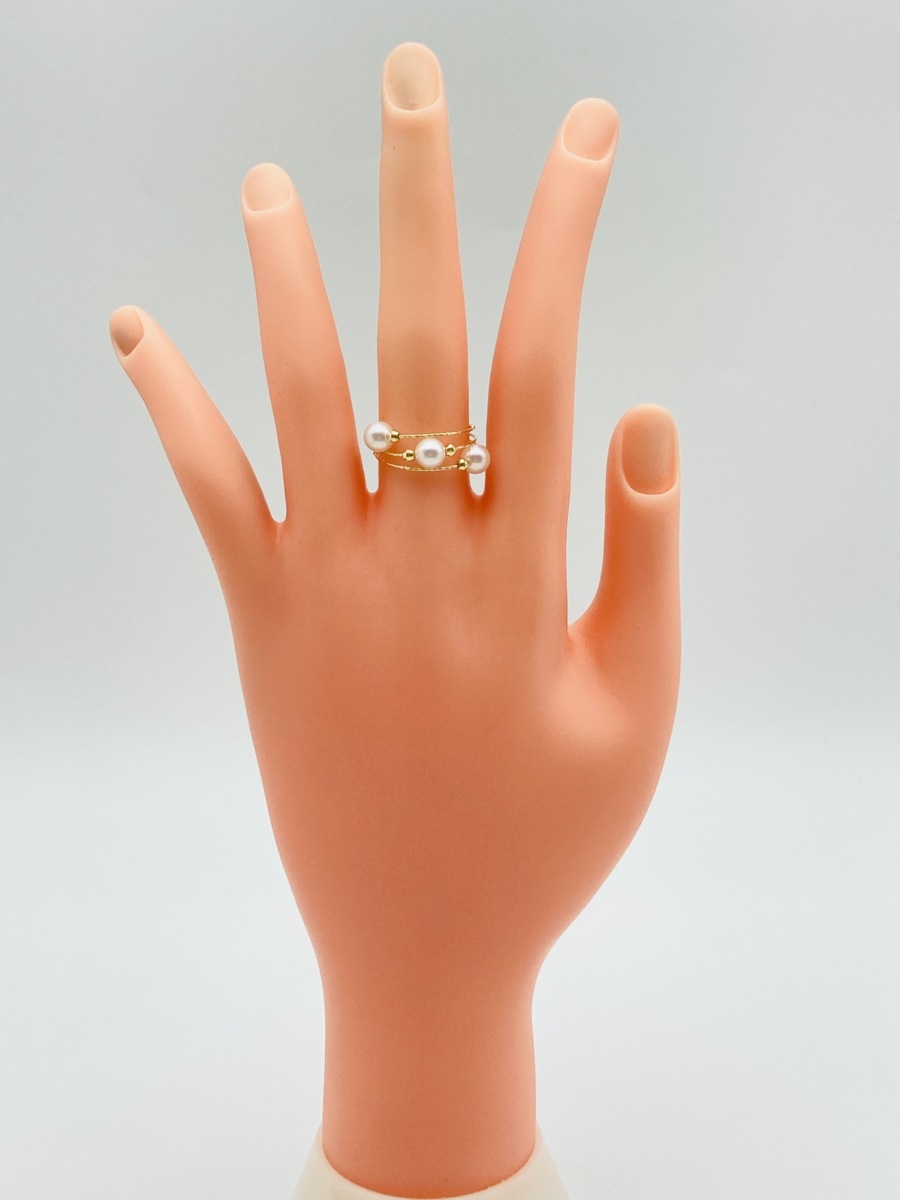 フリーサイズ！ 真珠 K18 アコヤパール リング 5.5-6.0㎜ 3ピース使い 18金 【形状記憶】お洒落 カジュアル_画像9