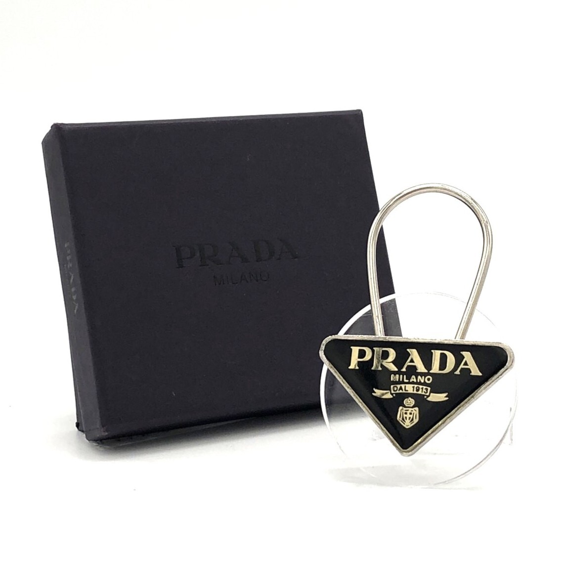 PRADA Prada брелок для ключа кольцо для ключей Logo треугольник серебряный черный серебряный женский мужская мода Vintage