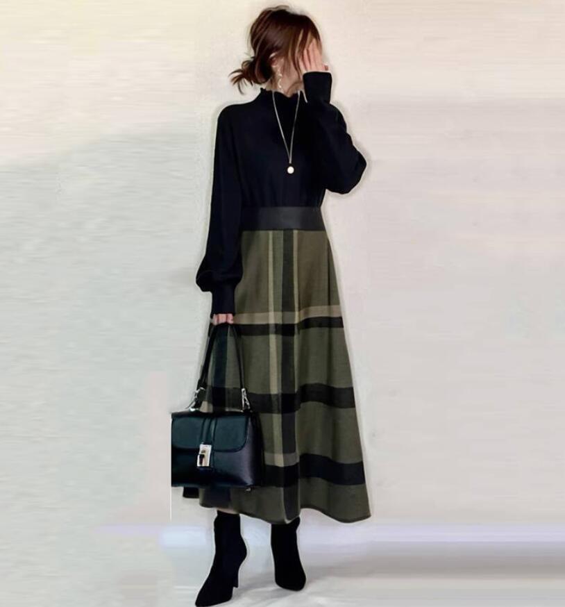 新入荷*ロングワンピース ニットセーター 切り替え チェック柄 ふんわり袖 長袖 ワンピース 上品 着やせ 通勤 入園式 マキシワンピース /_画像3