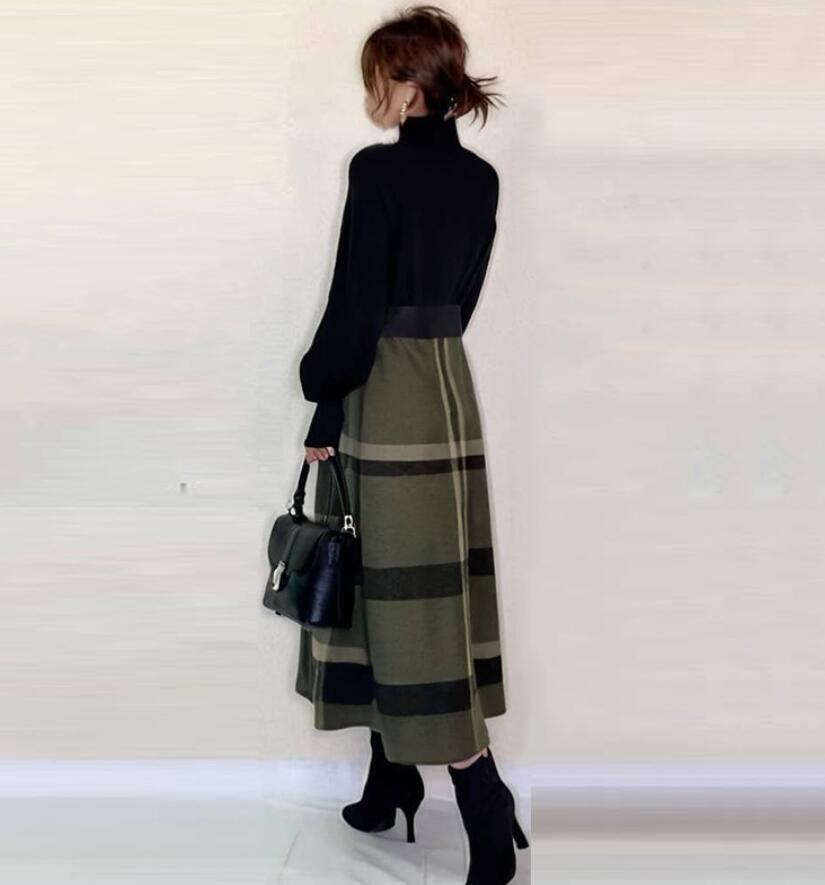 新入荷*ロングワンピース ニットセーター 切り替え チェック柄 ふんわり袖 長袖 ワンピース 上品 着やせ 通勤 入園式 マキシワンピース /_画像4