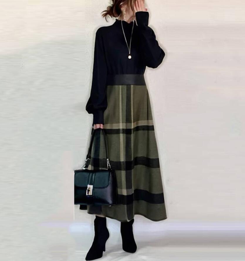 新入荷*ロングワンピース ニットセーター 切り替え チェック柄 ふんわり袖 長袖 ワンピース 上品 着やせ 通勤 入園式 マキシワンピース /_画像2