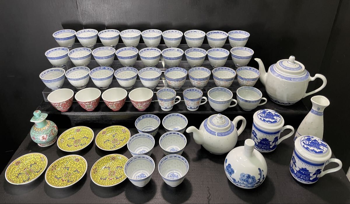 中国 景徳鎮 食器 まとめ 蛍手 湯呑 急須 茶器 とっくり マグカップ 小皿 花柄 龍 情景 金彩 インテリア コレクション_画像1