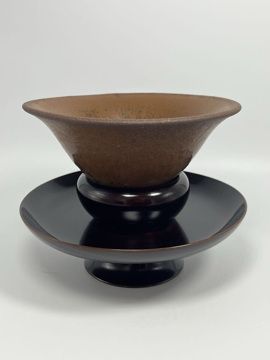 時代物 唐物 天目茶碗 木製真塗天目台 茶道具 仕覆桐箱付 _画像2