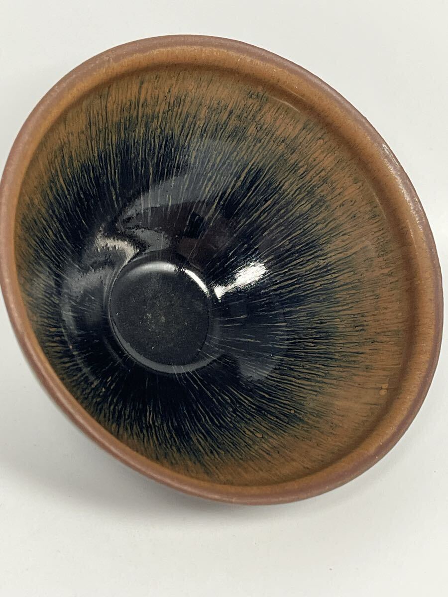 時代物 唐物 天目茶碗 建窯 兎亳 青磁天目台 茶道具 仕覆桐箱付 _画像4