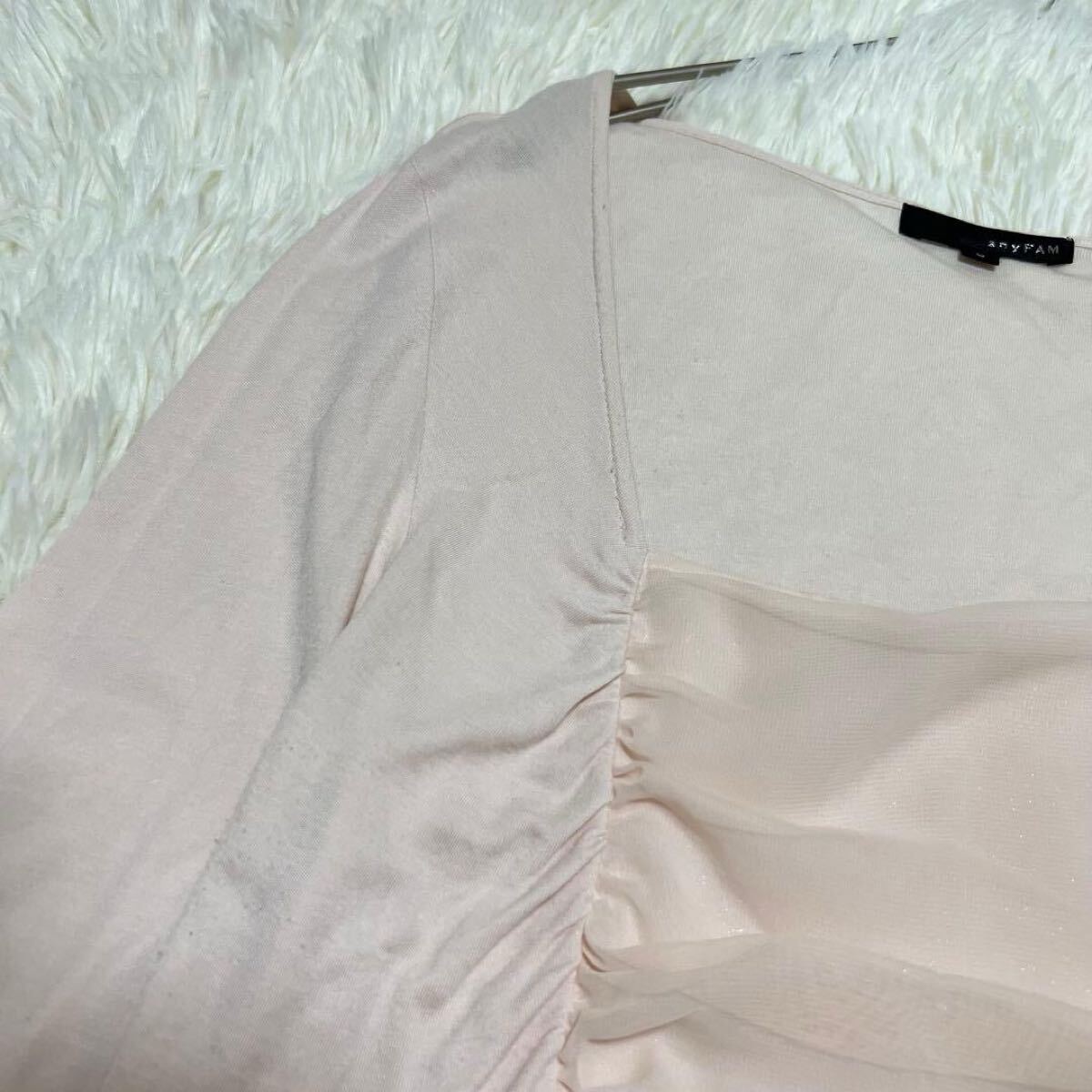 anyFAM ギャザートップス 3 ベビーピンク スクエアネック フェミニン 薄手　異素材ドッキング anyfam_画像3