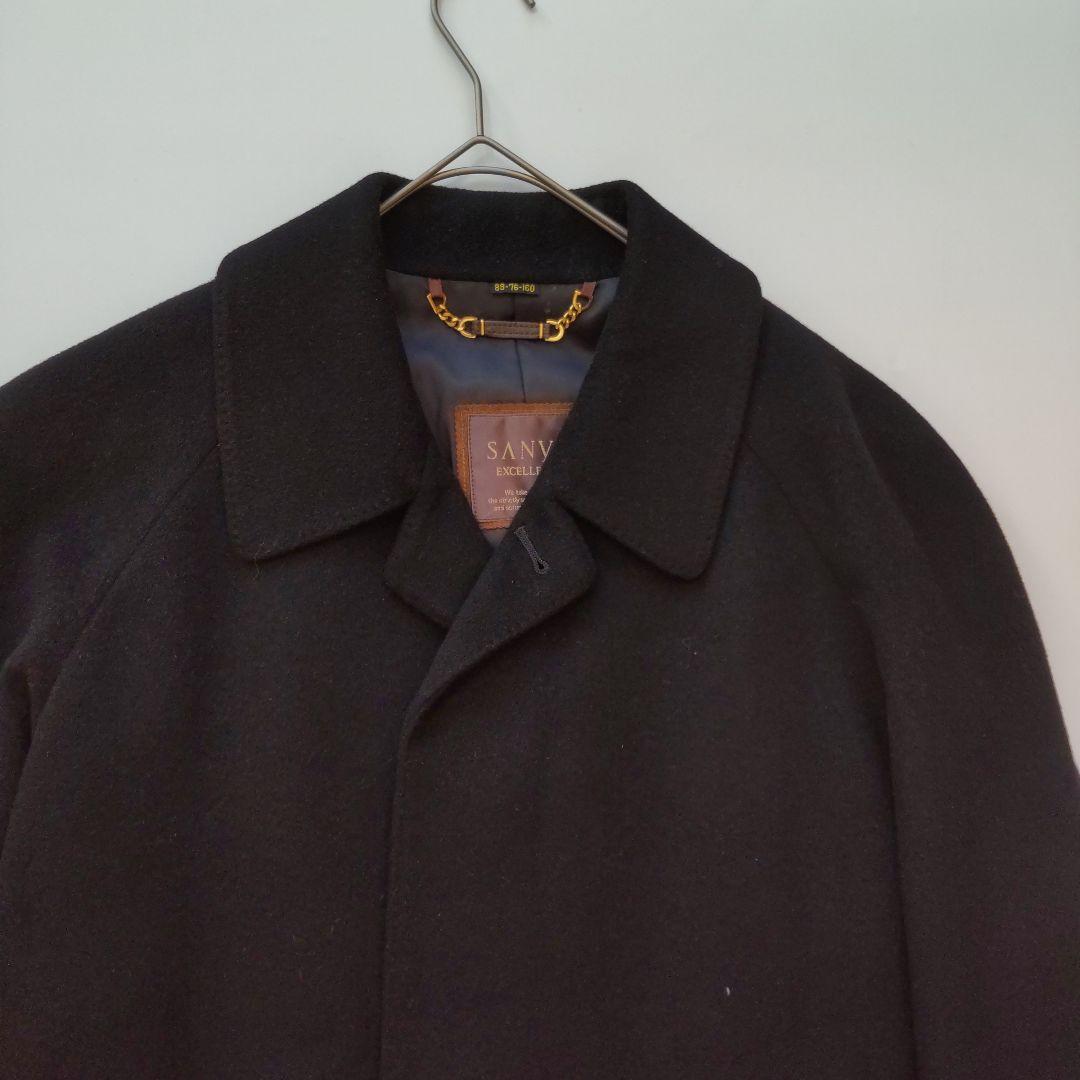 SANYO サンヨーコート カシミヤ混 メンズ ロング ステンカラーコート 仕事 ビジネス フォーマル ブラック Mサイズ程度 黒_画像2