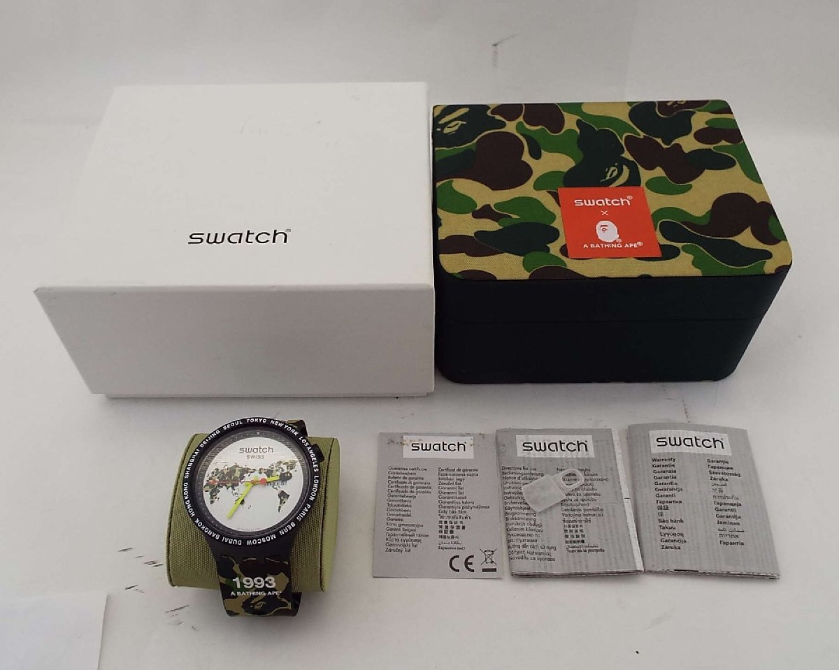 T3971【ジャンク品】APE/A BATHING APE(アベイシングエイプ)×SWATCH(スウォッチ)2019年 Big Bold 腕時計 ウォッチ グローバル 電池無し_画像1