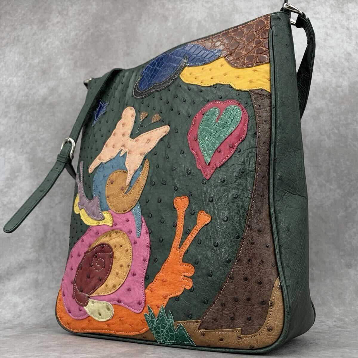 1円 オーストリッチ × クロコダイル ショルダーバッグ トート 肩がけ A4可 パッチワーク エキゾチックレザー 革 グリーン アートデザイン_画像1