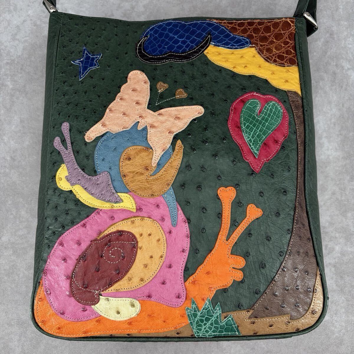 1円 オーストリッチ × クロコダイル ショルダーバッグ トート 肩がけ A4可 パッチワーク エキゾチックレザー 革 グリーン アートデザイン_画像2