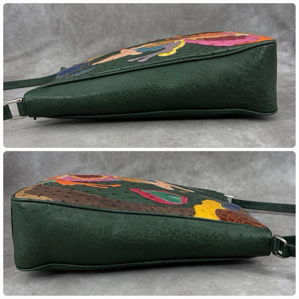 1円 オーストリッチ × クロコダイル ショルダーバッグ トート 肩がけ A4可 パッチワーク エキゾチックレザー 革 グリーン アートデザイン_画像4