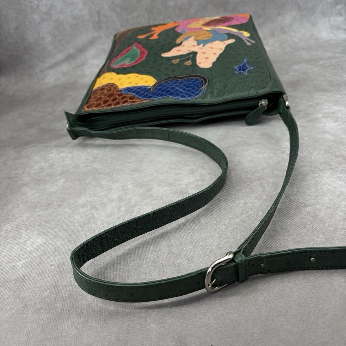 1円 オーストリッチ × クロコダイル ショルダーバッグ トート 肩がけ A4可 パッチワーク エキゾチックレザー 革 グリーン アートデザイン_画像5