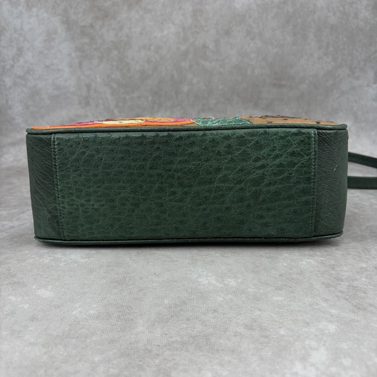 1円 オーストリッチ × クロコダイル ショルダーバッグ トート 肩がけ A4可 パッチワーク エキゾチックレザー 革 グリーン アートデザイン_画像6