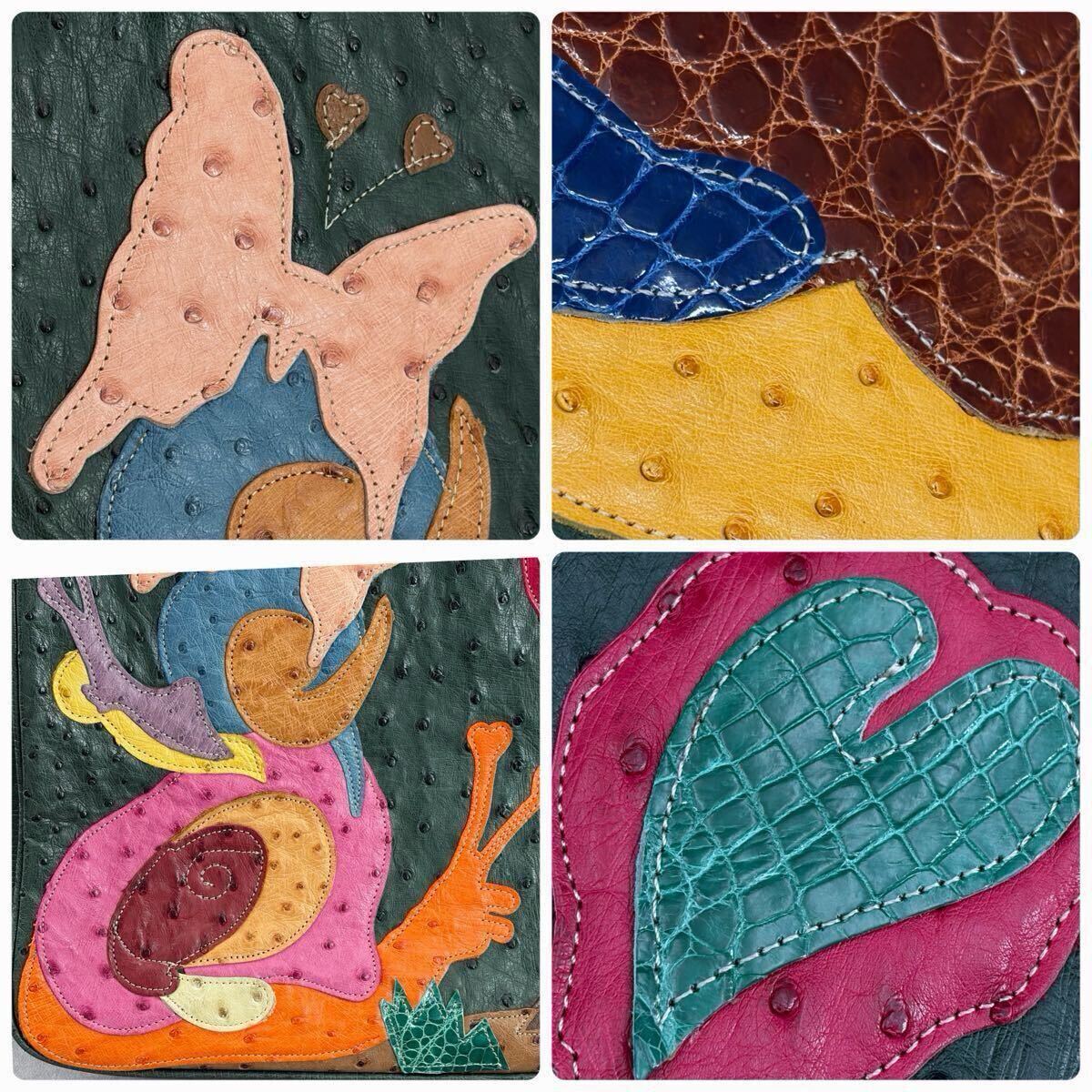 1円 オーストリッチ × クロコダイル ショルダーバッグ トート 肩がけ A4可 パッチワーク エキゾチックレザー 革 グリーン アートデザイン_画像10
