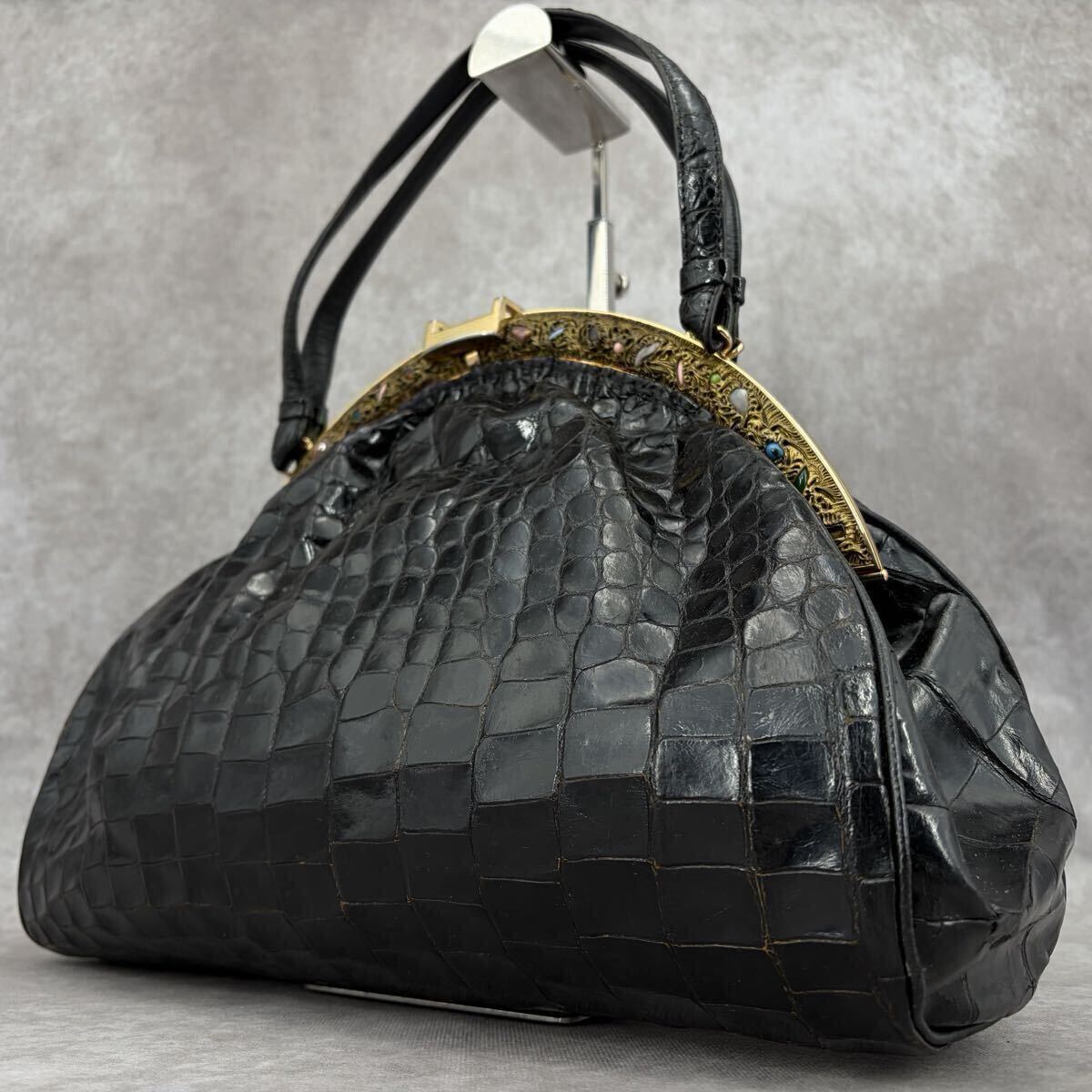 【希少/リアル】クロコダイル トートバッグ ボストン ワニ革 シャイニング アンティーク金具 ストーン エキゾチックレザー ブラック 黒_画像1