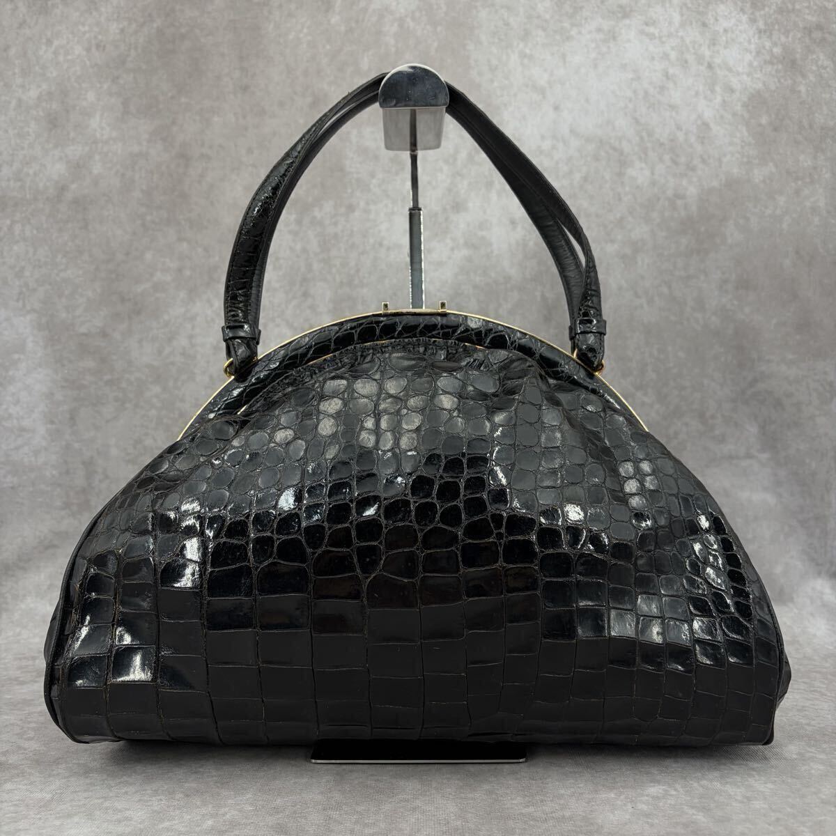 【希少/リアル】クロコダイル トートバッグ ボストン ワニ革 シャイニング アンティーク金具 ストーン エキゾチックレザー ブラック 黒_画像3