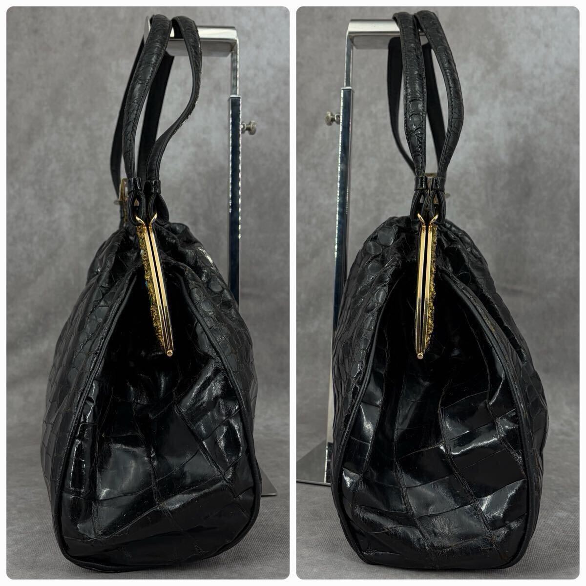 【希少/リアル】クロコダイル トートバッグ ボストン ワニ革 シャイニング アンティーク金具 ストーン エキゾチックレザー ブラック 黒_画像4